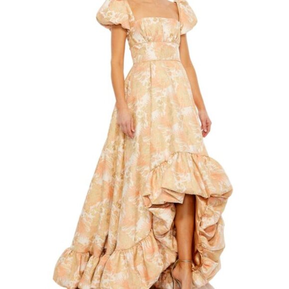 Mac Duggal Peach Gold Floral Puff Sleeve High Low Brocade Gown - Picture 3 of 4